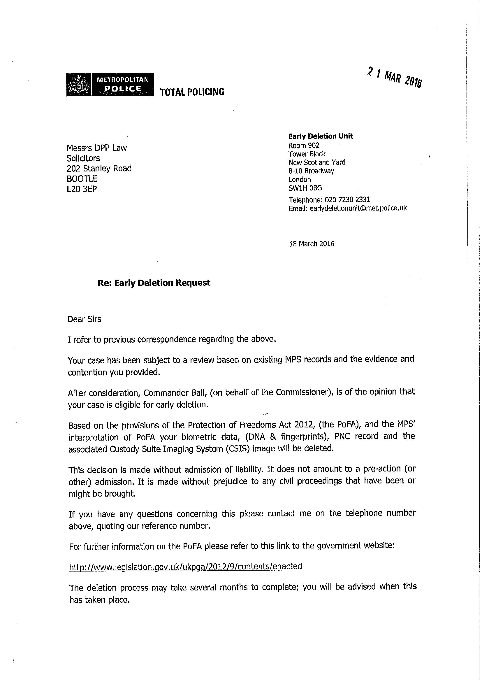 The Metropolitan Police wrote this letter to solicitor Iain Gould about deletion of records from their police systems.